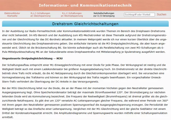 Webseite: Drehstrom-Gleichrichtschaltungen