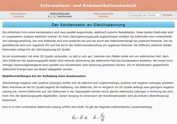 Webseite: Der Kondensator als elektrische Kapazität
