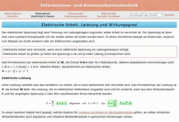 Webseite: Elektrische Arbeit, Leistung und Wirkungsgrad