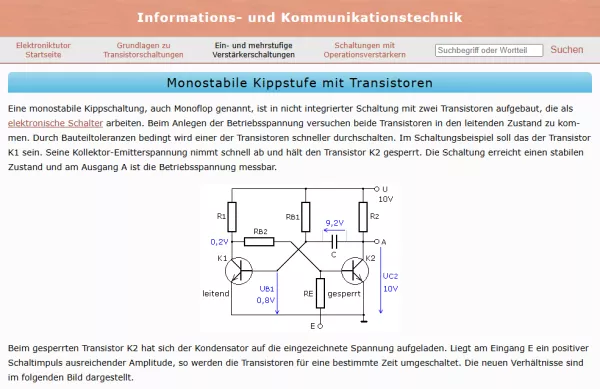 Webseite: Monostabile Kippstufe mit Transistoren