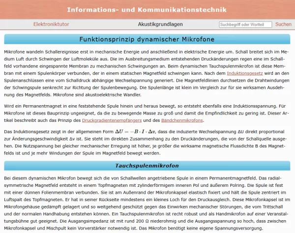 Webseite: Funktionsprinzip dynamischer Mikrofone