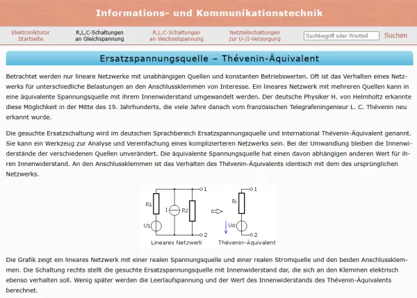 Webseite: Ersatzspannungsquelle - Thévenin-Äquivalent