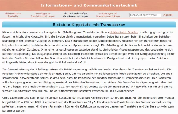Webseite: Bistabile Kippstufe mit Transistoren