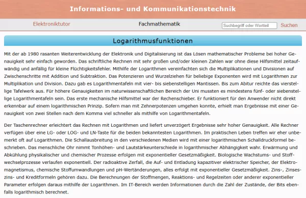 Webseite: Logarithmusfunktionen