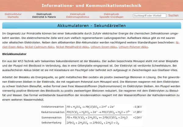 Webseite: Akkumulatoren - Sekundärzellen