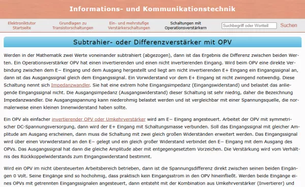 Webseite: Subtrahier- oder Differenzverstärker mit OPV