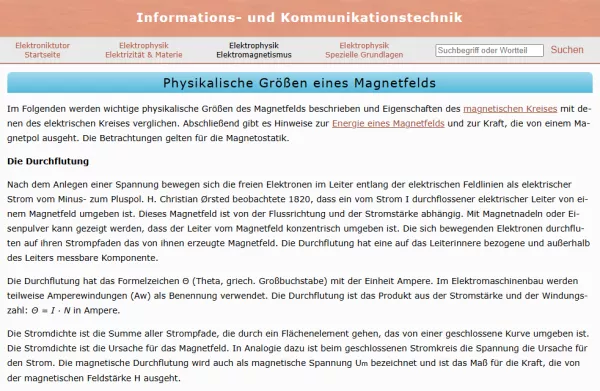 Webseite: Physikalische Größen eines Magnetfelds