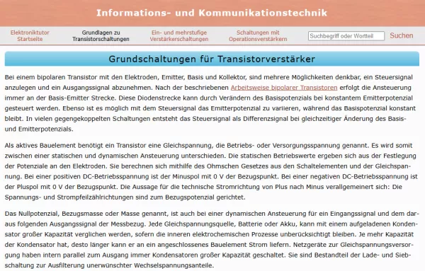 Webseite: Grundschaltungen für Transistorverstärker