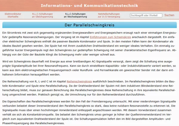 Webseite: Der Parallelschwingkreis