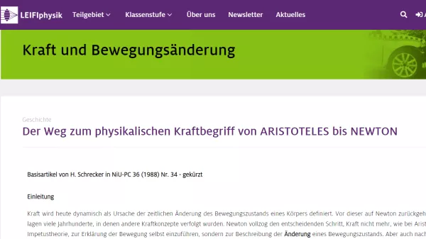 Unterrichtsbaustein: Der Weg zum physikalischen Kraftbegriff von ARISTOTELES bis NEWTON