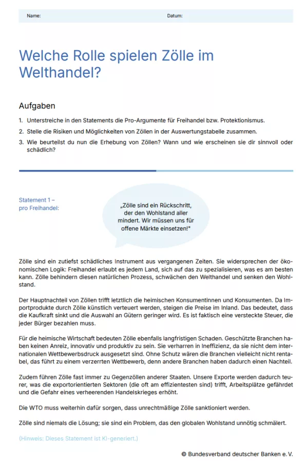 Arbeitsblatt: Zölle | Arbeitsblatt