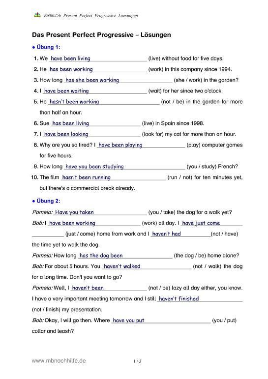 übungen Zu Present Perfect Progressive Mit Since Und For MUNDO