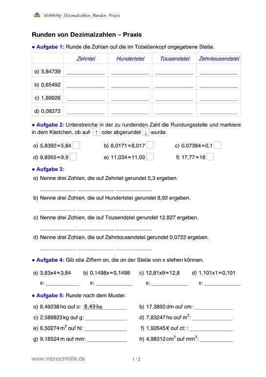 Dezimalzahlen Runden Arbeitsblatt
 MUNDO