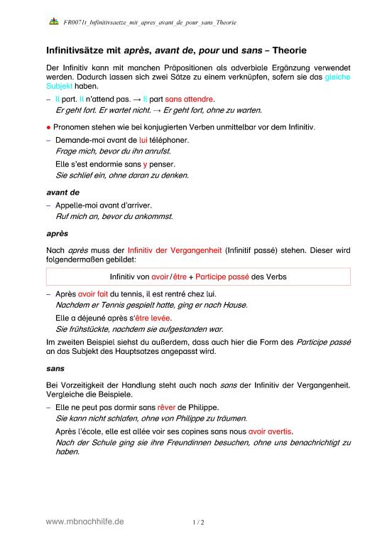 Französisch Infinitivsätze Mit Pour Sans Avant De Apres