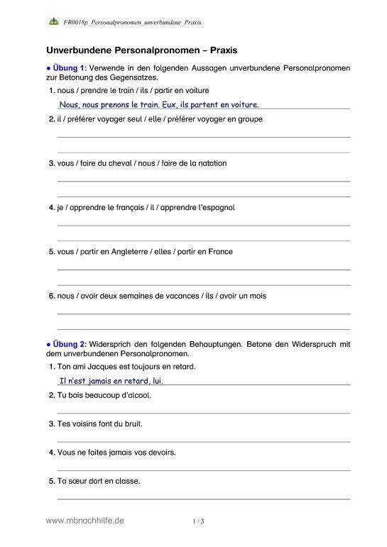 Unverbundene Personalpronomen Französisch übungen Mit Lösungen MUNDO